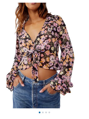 Free People Maybel Blouse Womens M Black Floral Tie Front Ruffle Sleeve Boho